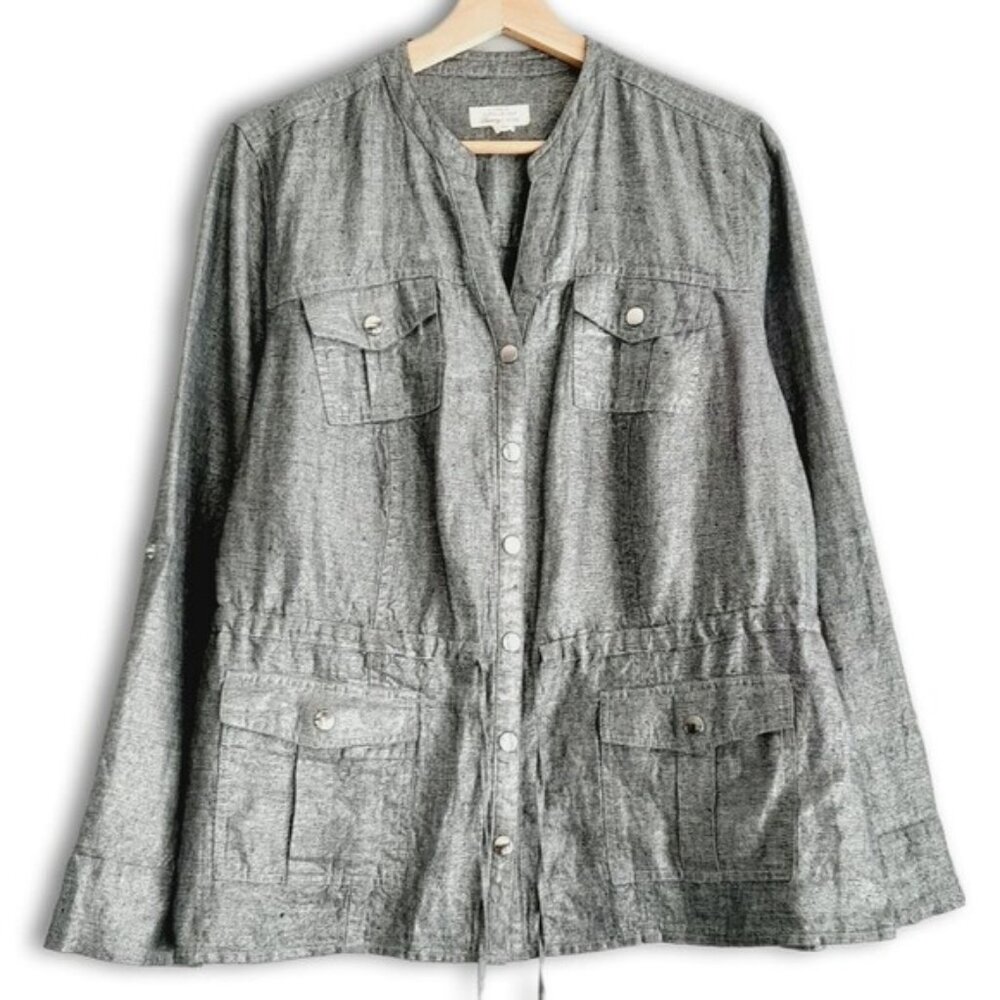 CHARTER CLUB / 100% Linen Utility Sleeve Jacket Metallic Silver Gray Sz L Petite